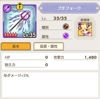 リーダーキャラにプチフォークを装備させている画面