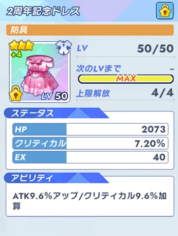 2周年記念ドレスのステータス画面