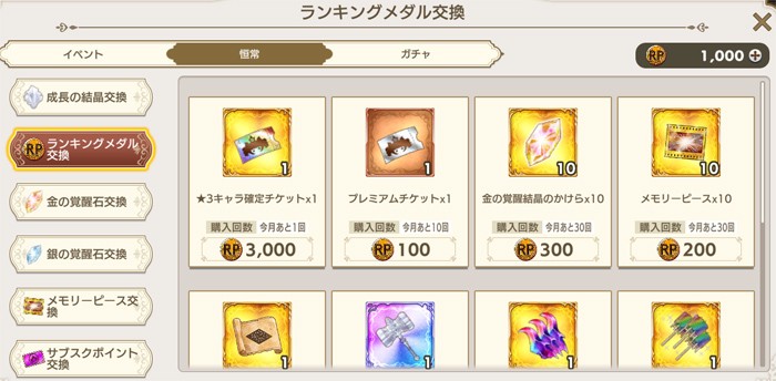 ランキングメダル報酬一覧
