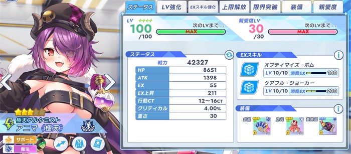 極天アニマのステータス。